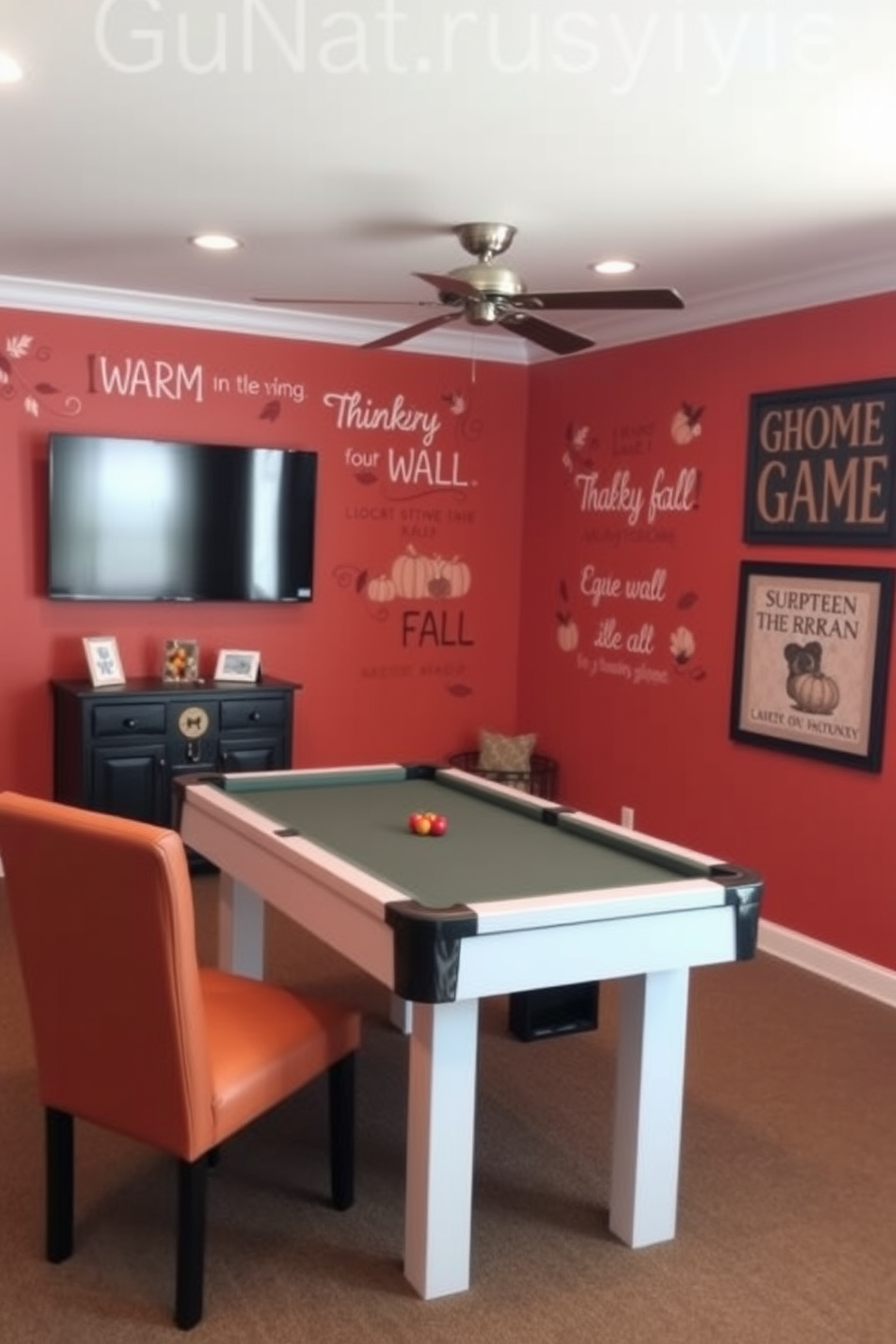 Create a festive Thanksgiving game room featuring a cozy seating area with plush cushions and warm-toned throw blankets. The walls are adorned with cheerful Thanksgiving-themed decorations, including a banner and framed artwork celebrating the season. On a rustic wooden table, display colorful Thanksgiving bingo cards alongside a bowl of seasonal snacks. Soft lighting from string lights casts a warm glow, inviting guests to gather and enjoy the festivities together.