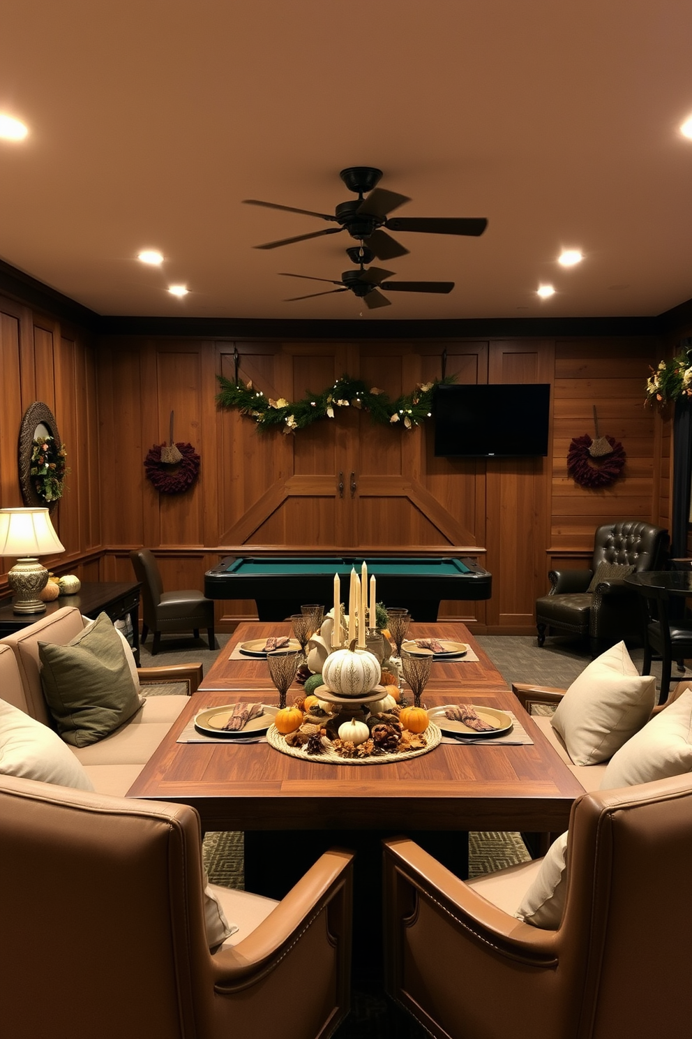 A cozy game room ambiance is created with warm lighting that casts a soft glow across the space. The walls are adorned with rustic wood paneling, and plush seating invites guests to relax and enjoy. Thanksgiving decorations add a festive touch, featuring autumn-themed accents like pumpkins and garlands. A large, inviting table in the center is set with seasonal decor, perfect for gatherings and game nights.