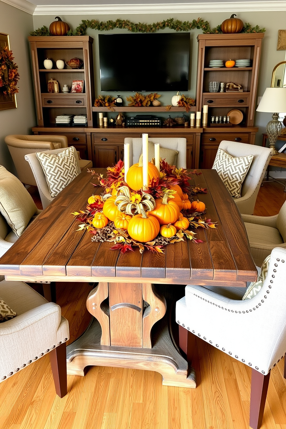 A cozy game room adorned for Thanksgiving features a rustic wooden game table surrounded by comfortable seating. The centerpiece is a vibrant arrangement of pumpkins in various sizes, complemented by autumn leaves and candles for a warm atmosphere.