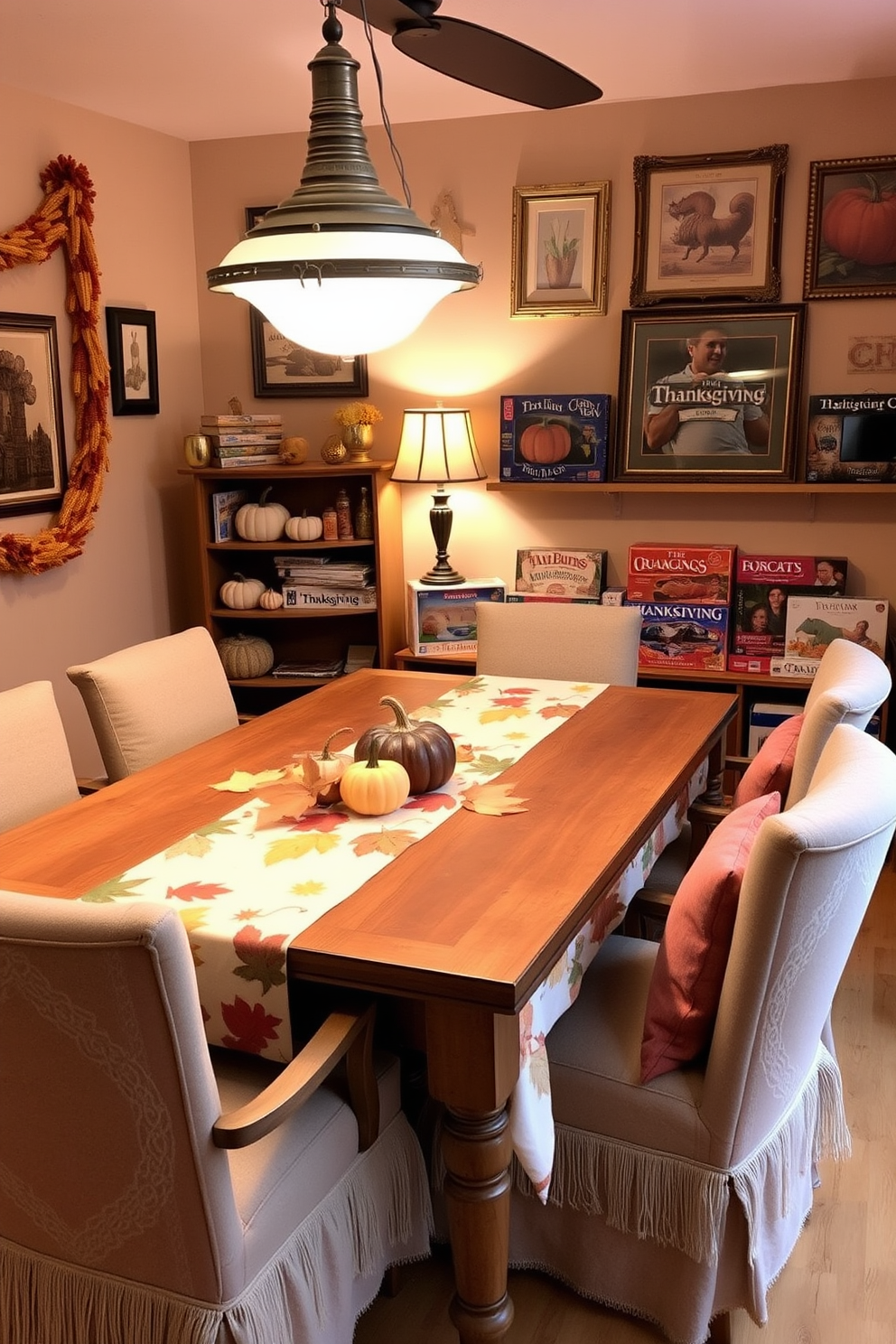 A cozy game room designed for Thanksgiving features a large wooden table adorned with a festive tablecloth showcasing autumn leaves and pumpkins. Surrounding the table are comfortable chairs with plush cushions, and on the walls, there are warm-toned decorations like garlands of dried corn and framed autumn-themed artwork. In one corner, a shelf displays a collection of tabletop games in beautifully designed boxes, each reflecting Thanksgiving motifs. Soft lighting from a vintage-style lamp casts a warm glow, creating an inviting atmosphere perfect for family gatherings and game nights.