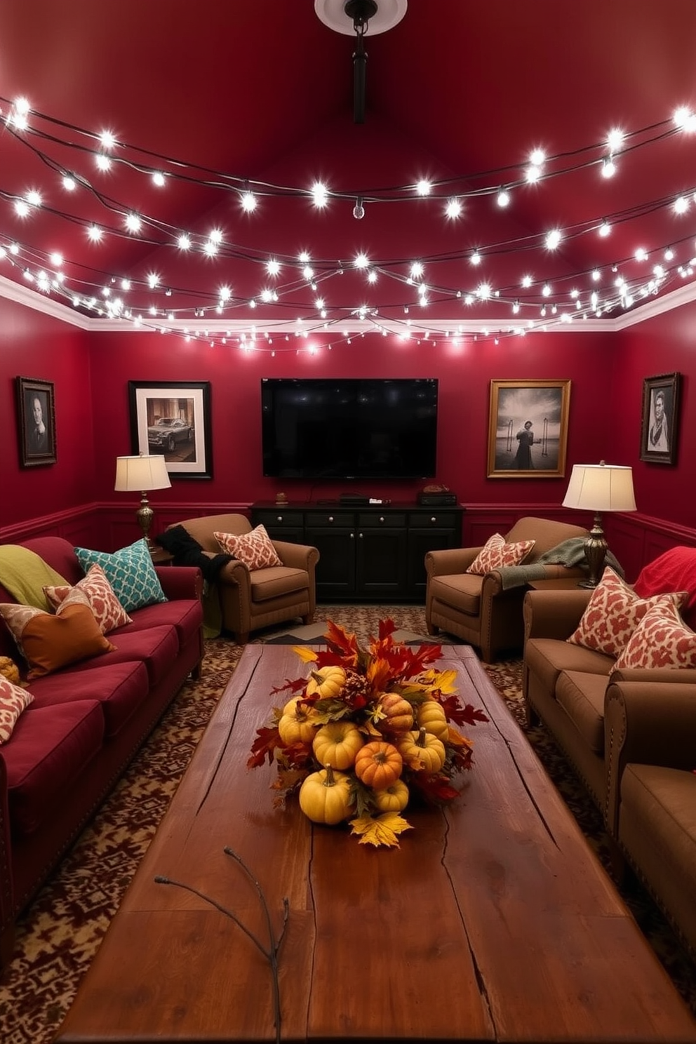 A cozy game room decorated for Thanksgiving features rustic pumpkin centerpieces placed on wooden game tables. Surrounding the tables, warm lighting creates an inviting atmosphere, complemented by autumn-themed decor like garlands and festive cushions.