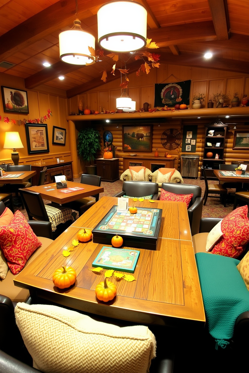 A cozy game room adorned with harvest wreaths hanging on the doors and walls. The space features a large sectional sofa in warm tones, a rustic coffee table, and a game table surrounded by comfortable chairs.