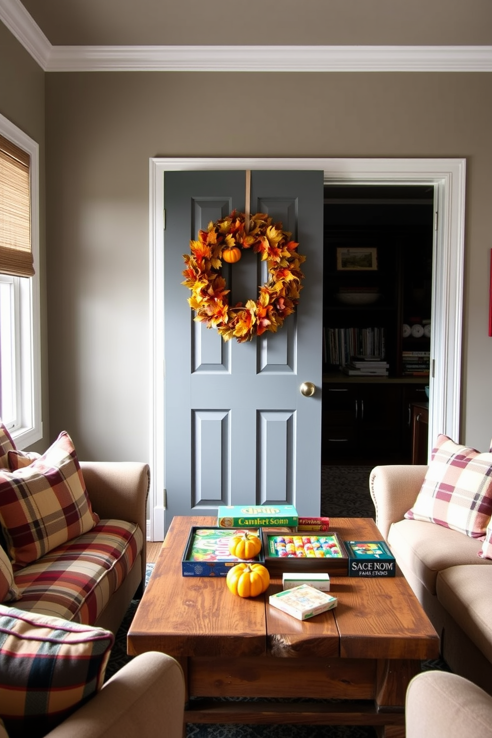 A festive seasonal wreath adorned with autumn leaves and small pumpkins is hung on the game room door. The game room features cozy seating with plaid cushions and a rustic wooden coffee table surrounded by games and snacks for family gatherings.