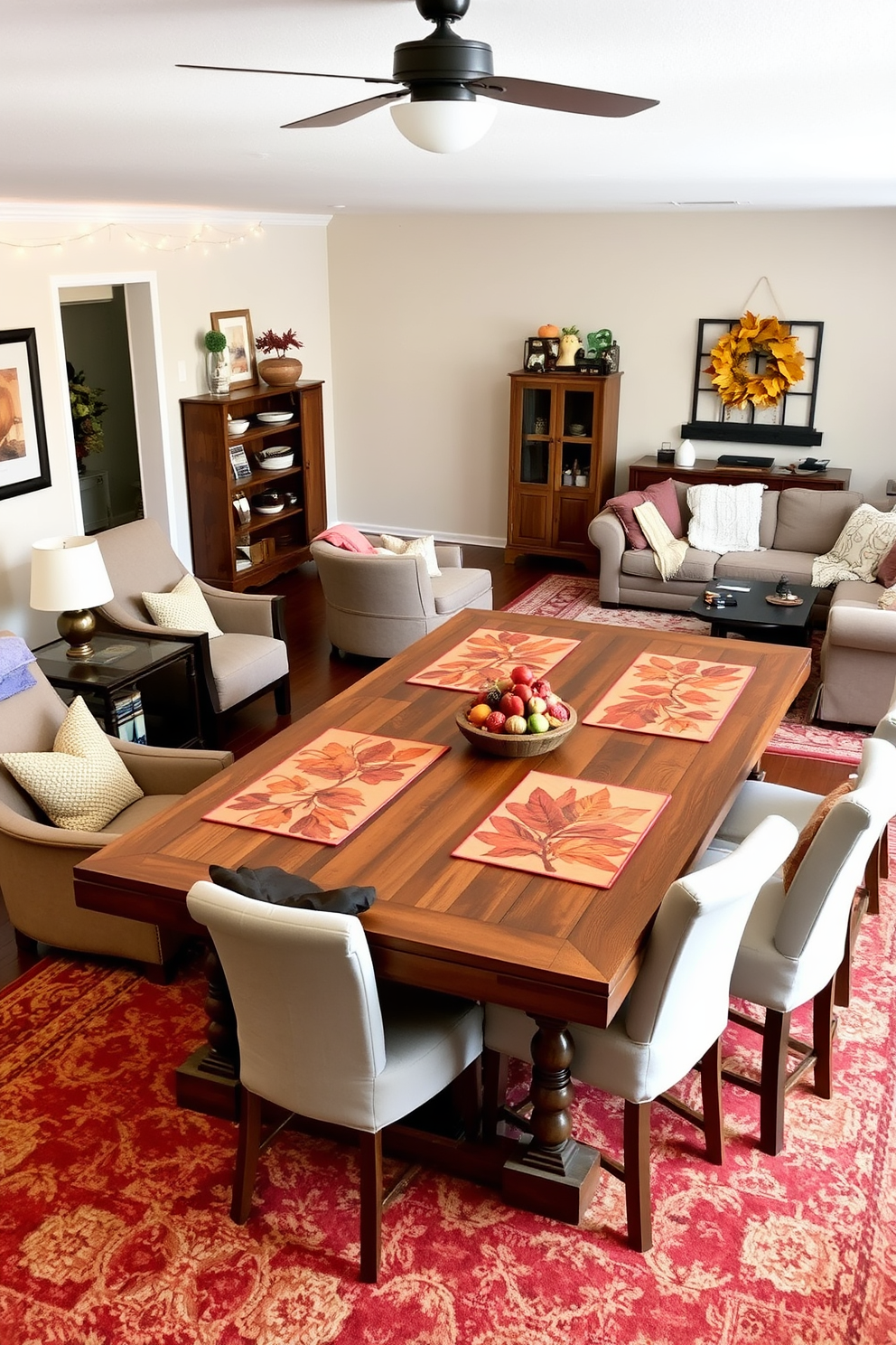 A cozy game room adorned with fall colored string lights creates a warm and inviting atmosphere. The walls are decorated with rustic wooden panels, while a plush sectional sofa invites guests to relax and enjoy the festivities.