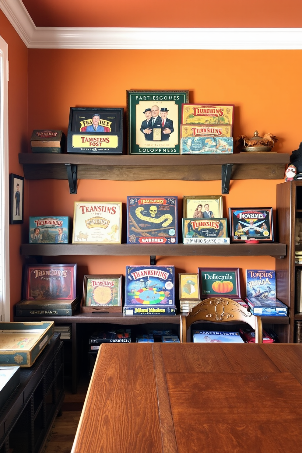 A cozy game room featuring vintage board games artfully arranged on rustic wooden shelves. The walls are adorned with warm autumn colors, creating an inviting atmosphere perfect for Thanksgiving gatherings.