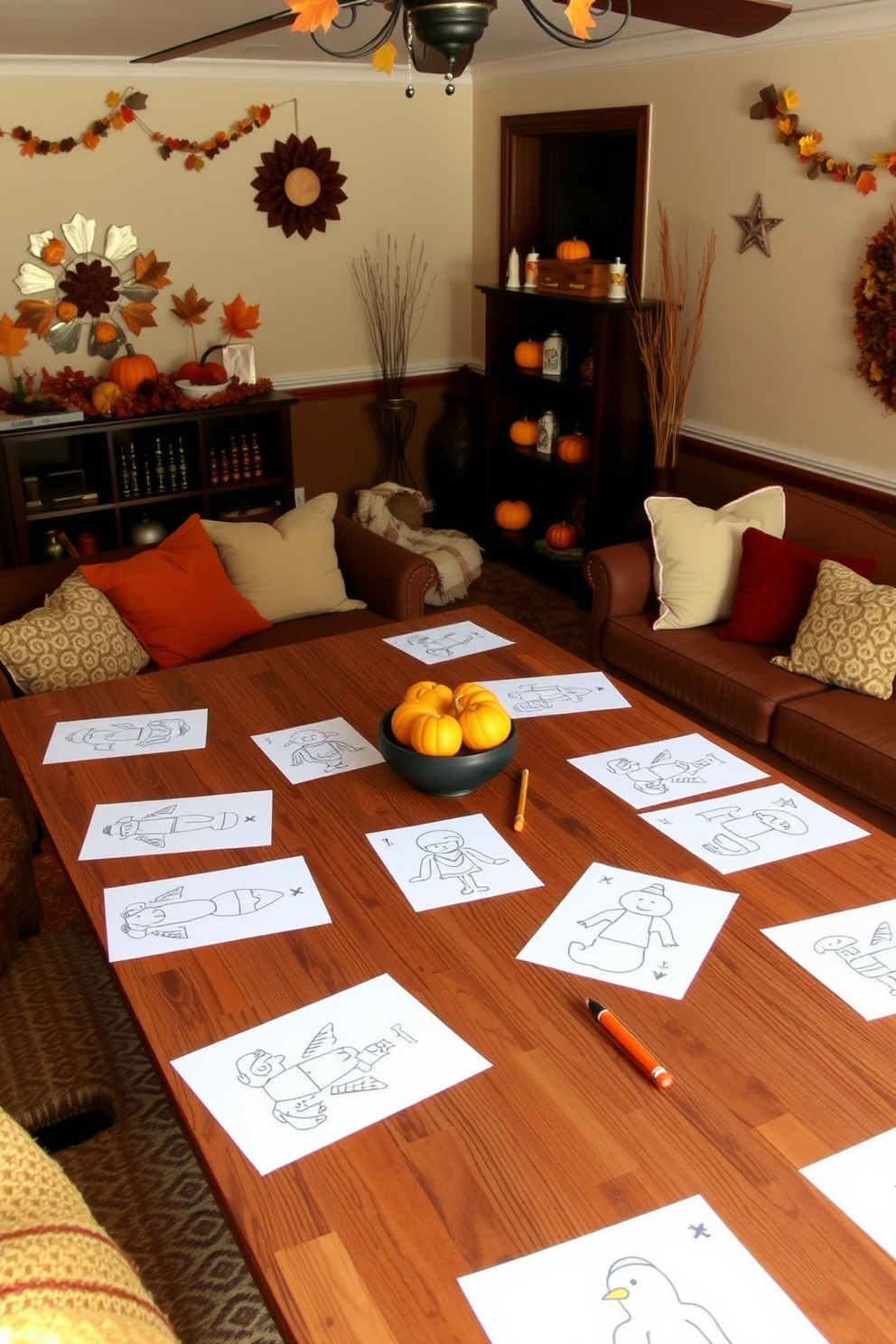 A cozy game room decorated for Thanksgiving features vintage postcards hanging on the walls, showcasing nostalgic holiday scenes. The room is filled with comfortable seating and a rustic wooden table set for festive games, adorned with autumn-themed centerpieces.