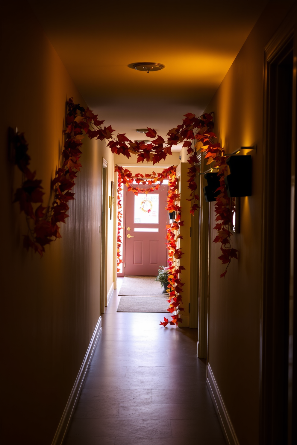 Thanksgiving themed wreath on the door made of vibrant autumn leaves and miniature pumpkins. The wreath is adorned with a rustic burlap bow, creating a warm and inviting entrance. Thanksgiving hallway decorated with garlands of colorful leaves and twinkling fairy lights. Framed family photos in seasonal colors line the walls, enhancing the festive atmosphere.