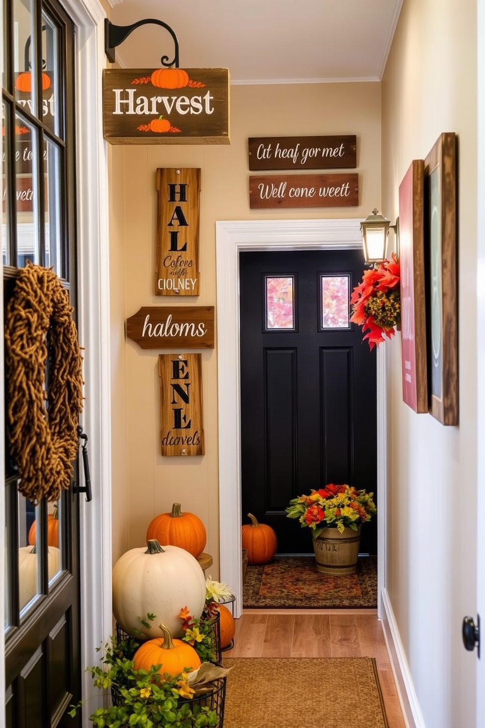 Create a warm and inviting hallway decorated for Thanksgiving. String lights are draped along the walls, adorned with vibrant autumn leaf accents that bring a touch of seasonal charm.