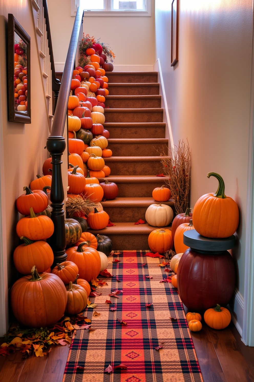 A cozy hallway adorned for Thanksgiving features a chair with a plaid throw blanket draped over its back. The walls are decorated with autumn-themed artwork and garlands of dried leaves, creating a warm and inviting atmosphere.