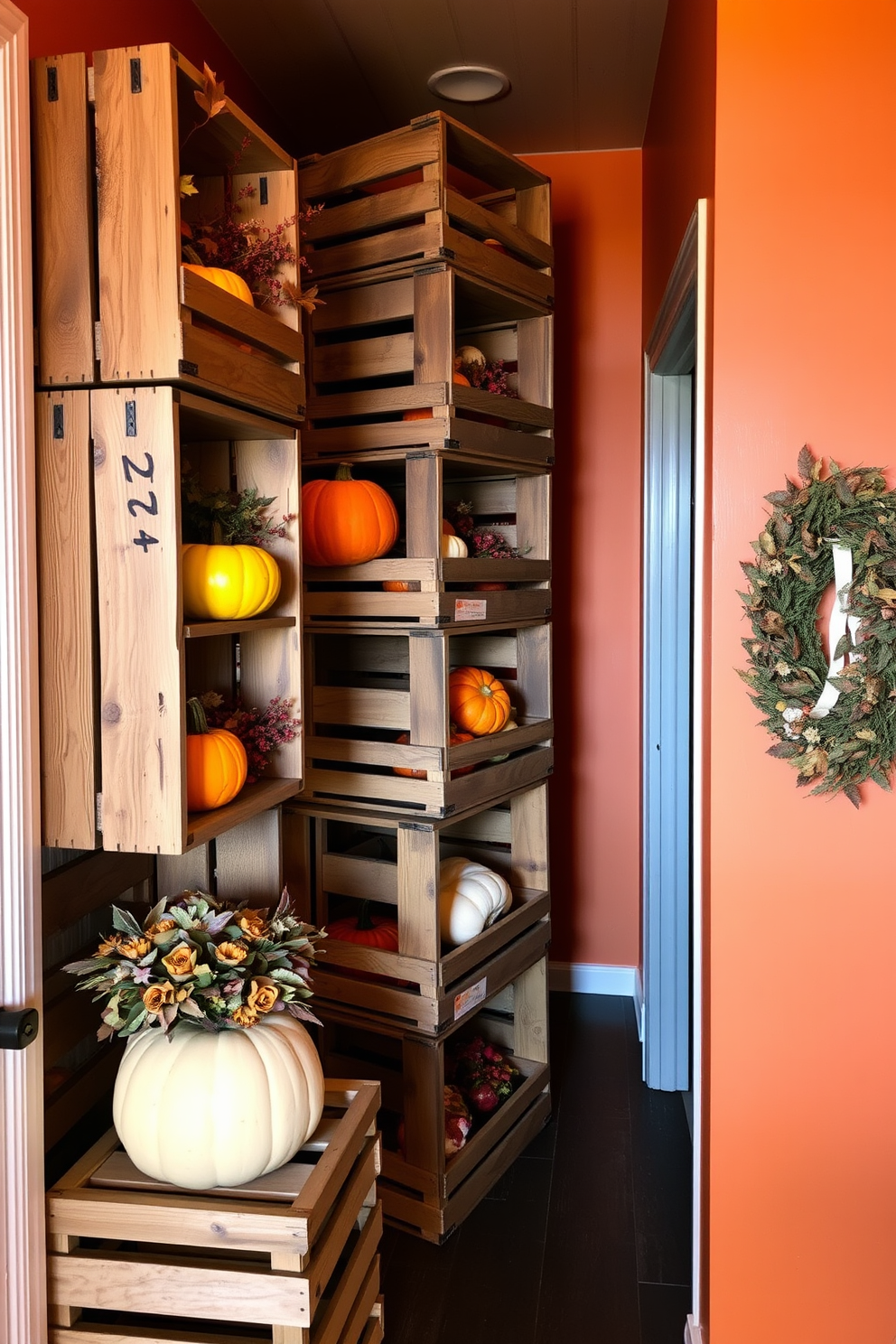 A cozy hallway adorned with hanging corn husks creates a warm and inviting atmosphere for Thanksgiving. The natural textures of the corn husks complement the rustic wooden elements of the space, enhancing the seasonal charm.