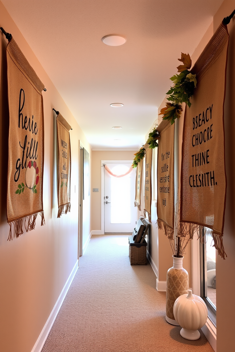 A fresh apple basket serves as a vibrant centerpiece in a beautifully decorated hallway. Surrounding the basket are autumn leaves and small pumpkins, enhancing the festive Thanksgiving atmosphere.