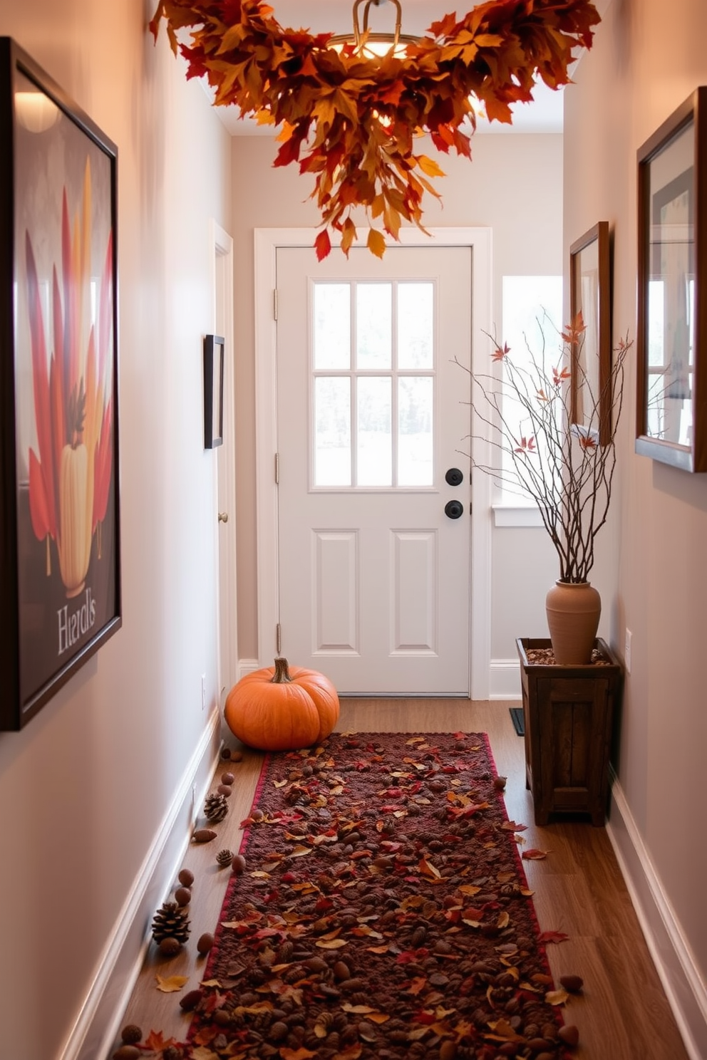 Decorative lanterns are placed along the hallway, each filled with flickering fall candles that emit a warm glow. The walls are adorned with autumn-themed artwork, and a soft runner rug in rich earth tones adds a cozy touch to the space.