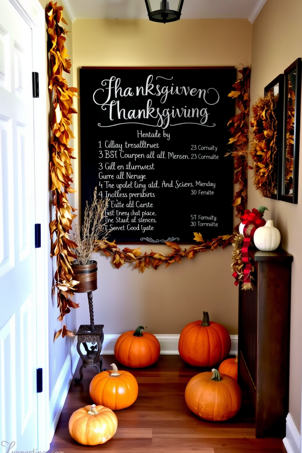 Personalized name tags for family members are elegantly crafted using natural materials such as wood or burlap. Each tag features a unique design that reflects the personality of the family member, adorned with autumn-themed motifs. Thanksgiving hallway decorating ideas include a warm color palette with rich oranges and deep reds. The space is enhanced with garlands of leaves and pumpkins, creating a welcoming atmosphere for guests.