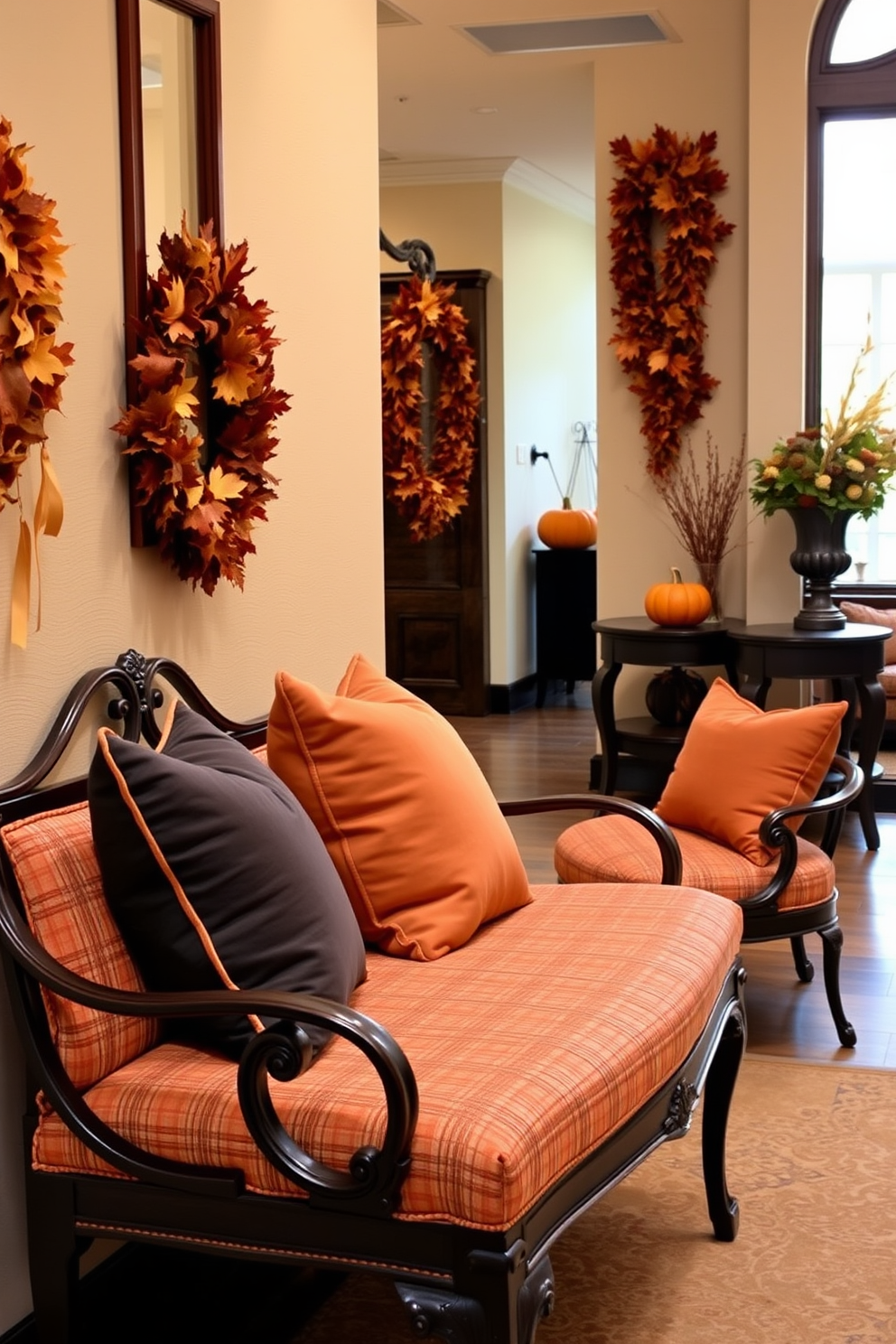 A charming hallway adorned for Thanksgiving features a large chalkboard displaying a festive Thanksgiving menu. The walls are decorated with autumn-themed garlands and warm-toned accents, creating a welcoming atmosphere for guests.