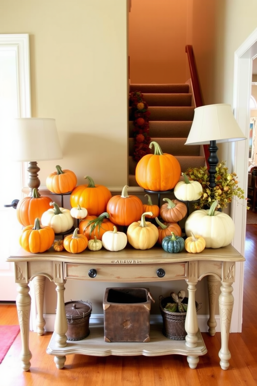 A warm and inviting hallway adorned with a console table featuring a vibrant display of pumpkins and gourds in various sizes and colors. The backdrop is a soft beige wall that enhances the seasonal decor, while a cozy runner rug adds texture underfoot.