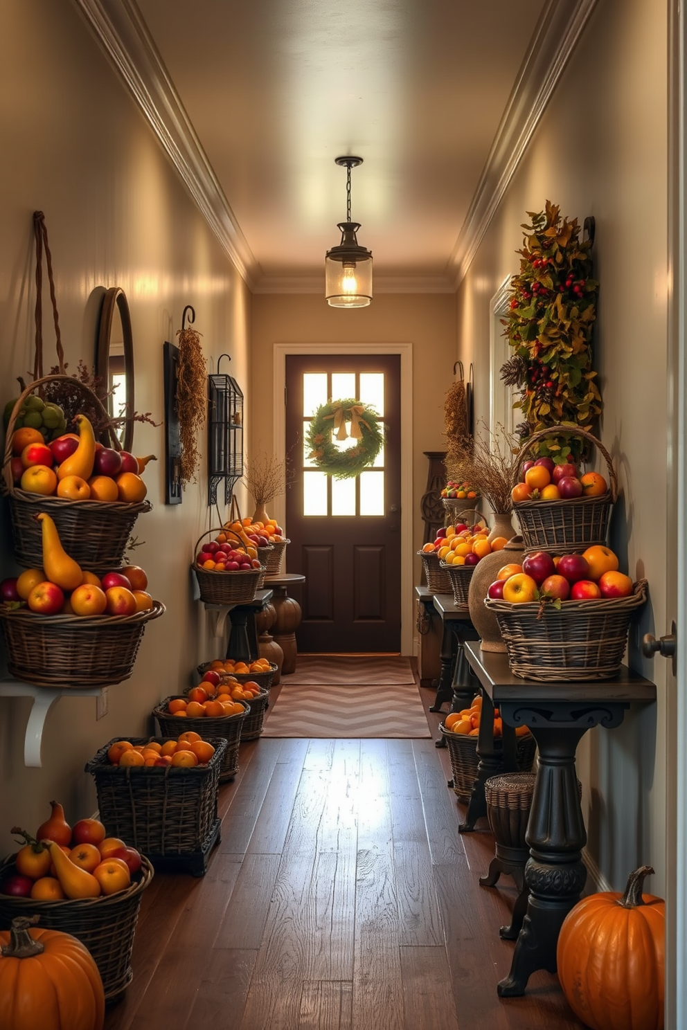 A cozy hallway adorned for Thanksgiving features glass jars filled with pinecones and acorns. The jars are placed on a rustic wooden console table, complemented by warm, autumnal decorations like small pumpkins and twinkling fairy lights.