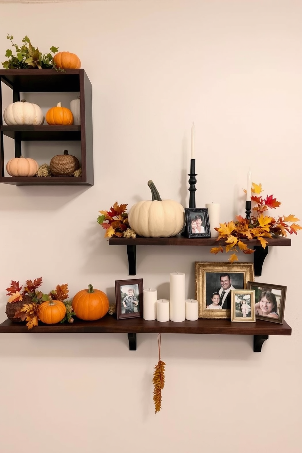 A cozy hallway adorned with seasonal pillows featuring rich autumn designs. The pillows are arranged on a wooden bench, complemented by warm-toned throw blankets and decorative pumpkins.