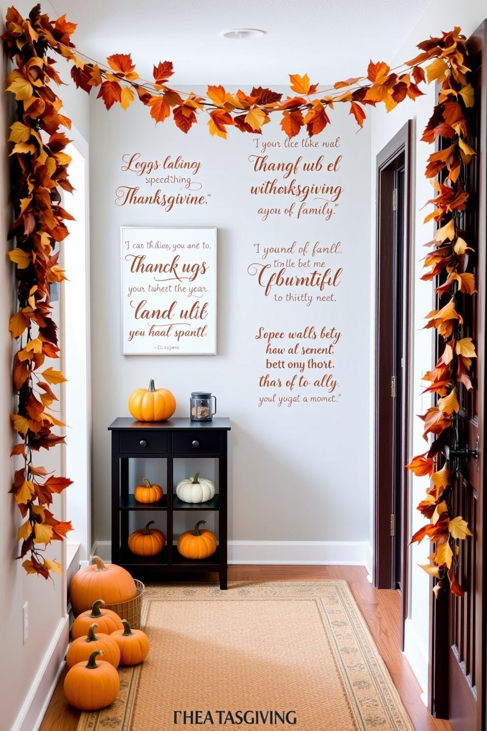 A charming hallway adorned with vintage farm tools as wall decor creates a warm and inviting atmosphere. The tools, such as rustic wooden plows and antique pitchforks, are artfully arranged against a backdrop of soft cream-colored walls. Seasonal Thanksgiving decorations, including small pumpkins and autumn leaves, are placed strategically along a console table. A cozy runner in warm earth tones adds a touch of comfort to the wooden floor, enhancing the festive ambiance.