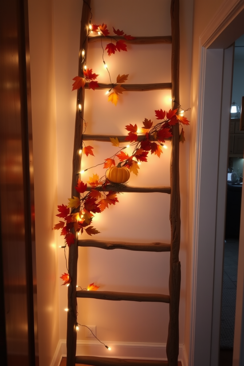 Woven baskets filled with seasonal fruits are arranged along a beautifully decorated hallway. The warm colors of the fruits complement the autumn-themed decor, creating a welcoming atmosphere for guests.