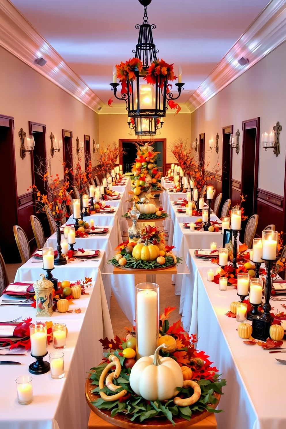 A cozy hallway adorned with rustic wooden signs featuring warm autumn phrases creates a welcoming atmosphere for Thanksgiving. The signs are artfully arranged along the walls, complemented by seasonal decorations like small pumpkins and dried leaves scattered on a wooden console table.