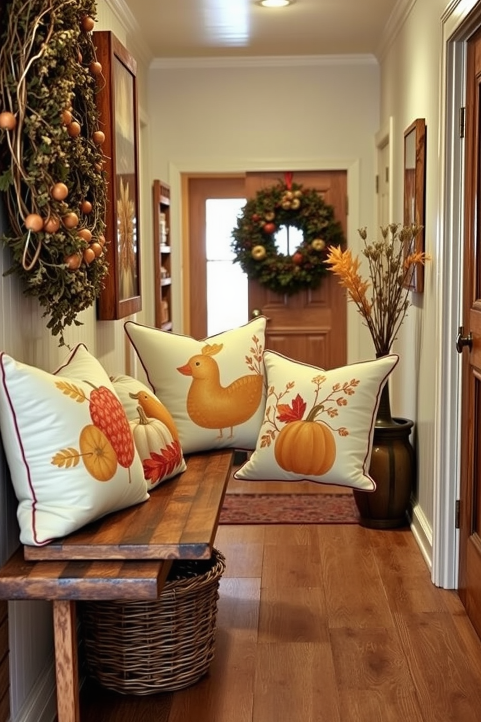 A warm and inviting hallway adorned with vibrant flower arrangements featuring bright sunflowers and cheerful daisies. The arrangements are placed in rustic wooden vases that complement the autumn-themed decor throughout the space. Soft, ambient lighting from stylish wall sconces enhances the cozy atmosphere, while a rich, earthy color palette of oranges and browns creates a seasonal feel. Decorative elements such as small pumpkins and woven baskets are scattered along the hallway, adding to the festive Thanksgiving spirit.