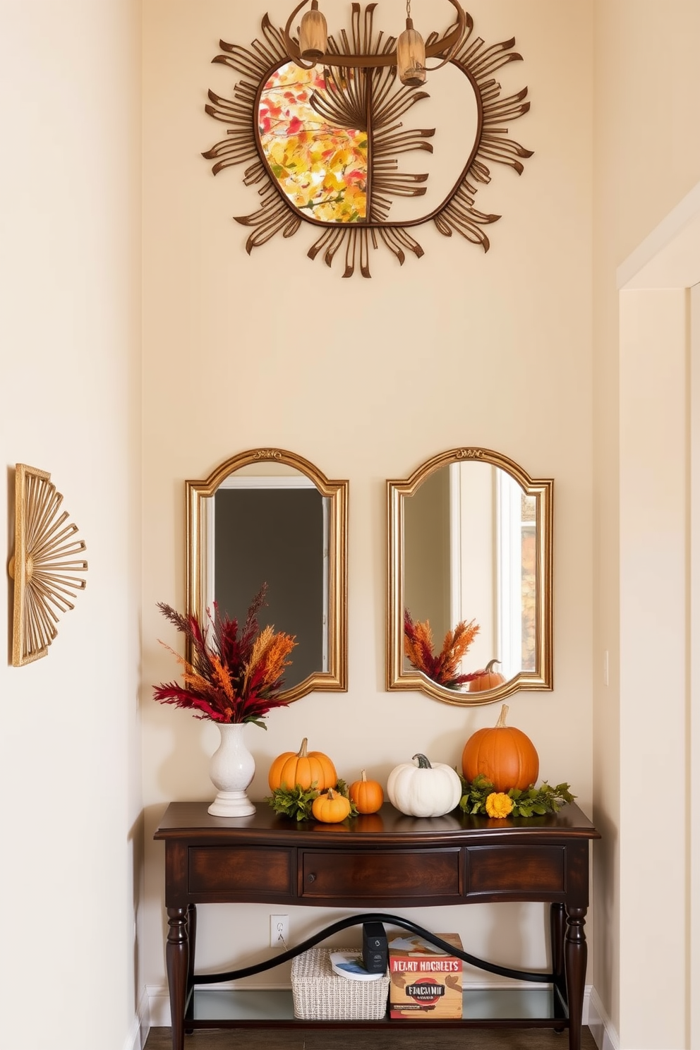 Hanging fabric pumpkins are suspended from the ceiling, creating a whimsical and festive atmosphere in the hallway. The pumpkins are crafted in various sizes and colors, adding a touch of autumn charm to the space. Soft, warm lighting illuminates the hallway, enhancing the vibrant hues of the pumpkins. Complementary decorations, such as garlands of fall leaves and small lanterns, are strategically placed along the walls to complete the seasonal look.