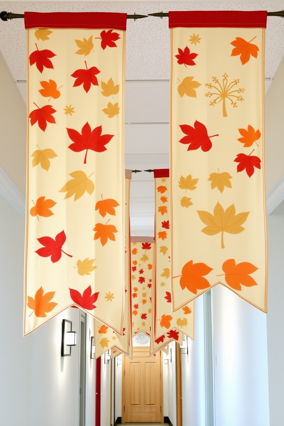 A cozy DIY photo booth setup featuring a rustic wooden backdrop adorned with autumn leaves and pumpkins. A variety of Thanksgiving props such as turkey hats, harvest-themed signs, and colorful scarves are arranged for guests to use. A festive hallway decorated with warm-toned garlands and twinkling fairy lights. Large pumpkins and cornucopias line the floor, while framed family photos are displayed on the walls to create a welcoming atmosphere.