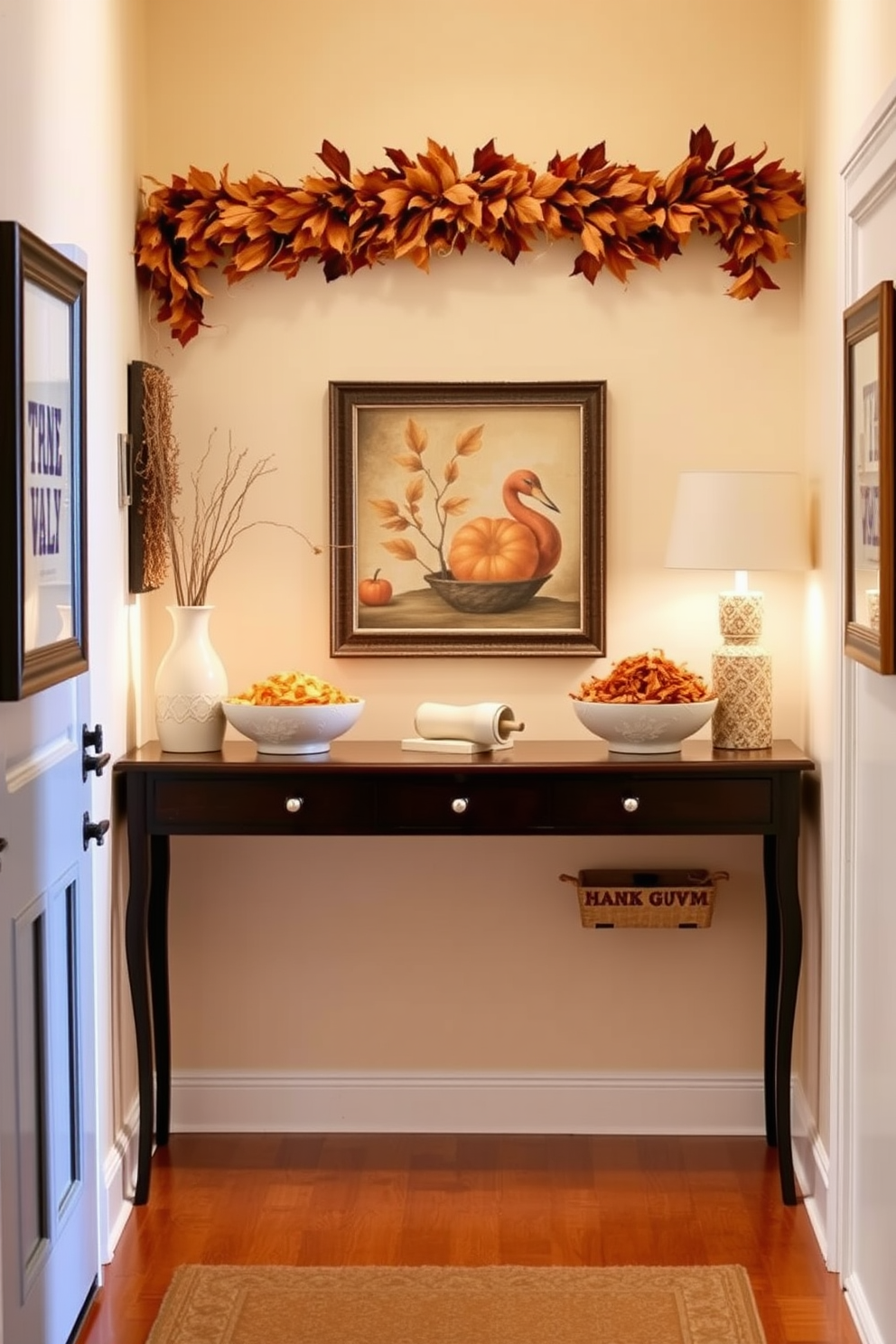 A warm and inviting hallway adorned with a plush faux fur rug that adds a cozy touch. The walls are decorated with autumn-themed artwork and soft lighting creates a welcoming atmosphere for Thanksgiving gatherings.