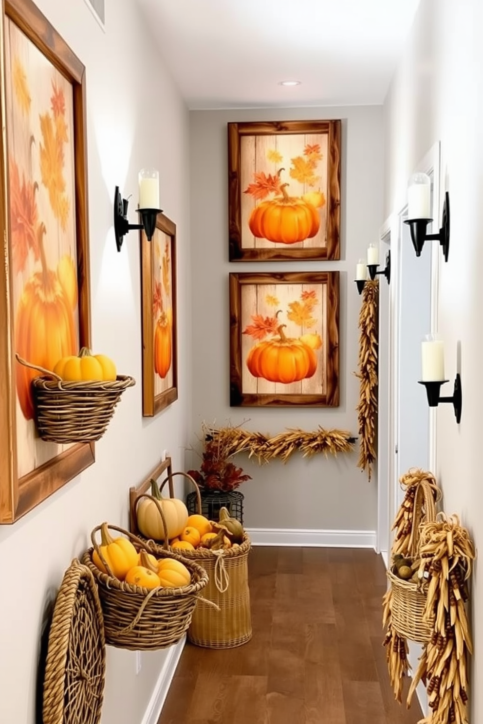 A warm and inviting hallway adorned with an autumn leaves garland draped elegantly along the wooden railing. The rich hues of orange, red, and yellow leaves create a festive atmosphere, complemented by soft, ambient lighting that enhances the seasonal charm.