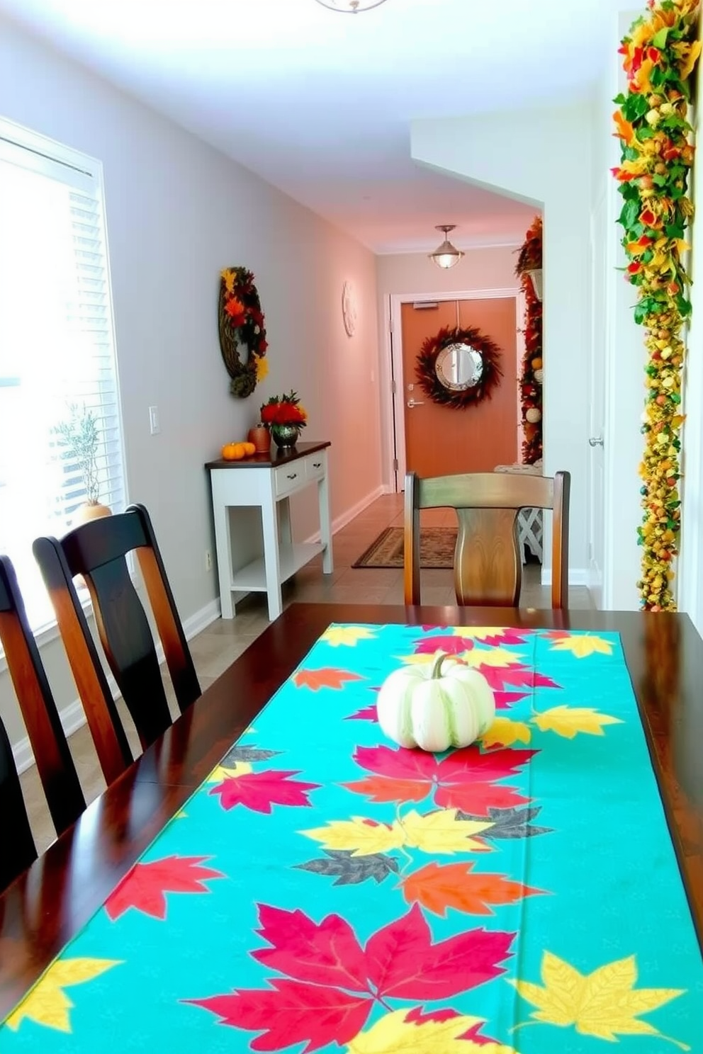 A warm and inviting hallway adorned for Thanksgiving. Cinnamon sticks tied with twine are arranged in a rustic basket, complemented by autumn leaves scattered along the floor.