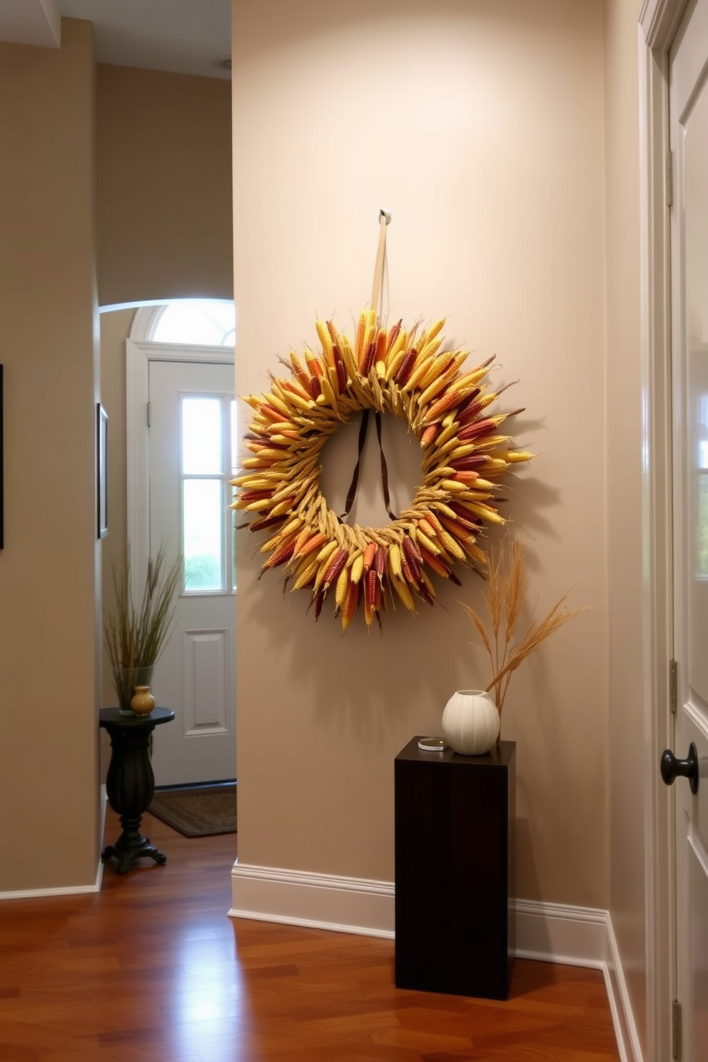 Thankful quotes framed on the wall create a warm and inviting atmosphere in the hallway. The frames are made of rustic wood, complementing the autumn-themed decor that includes small pumpkins and dried leaves scattered along the console table.