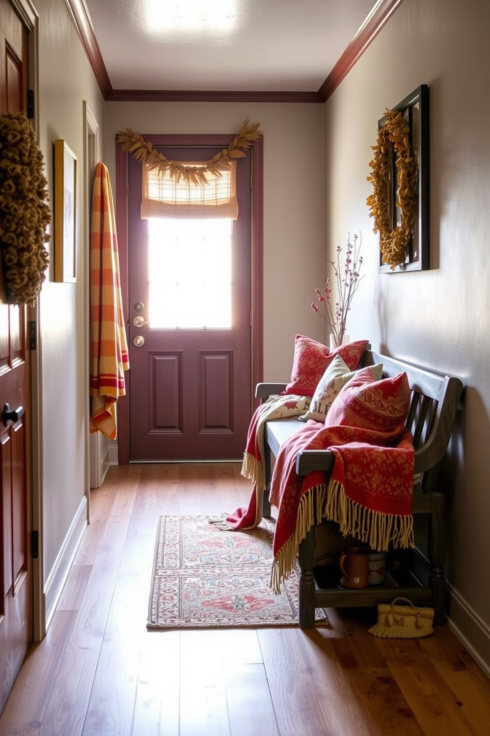 A warm and inviting hallway adorned with colorful fall foliage in elegant vases. The vases are placed along a wooden console table, complementing the rich tones of autumn leaves and seasonal decor.