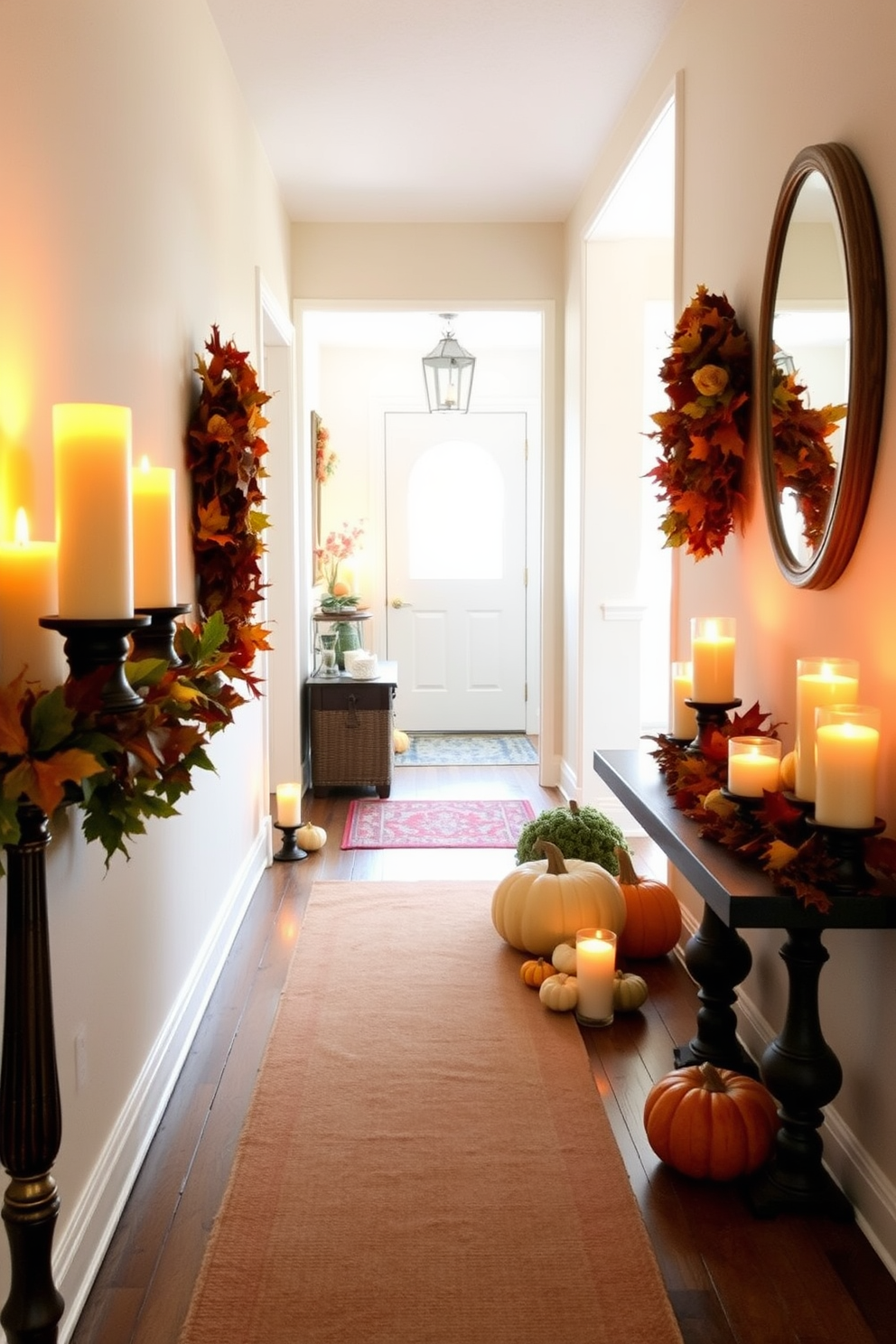 A harvest-themed table runner drapes elegantly over an entry table adorned with seasonal decorations. Surrounding the runner are small pumpkins and candles, creating a warm and inviting atmosphere for Thanksgiving.