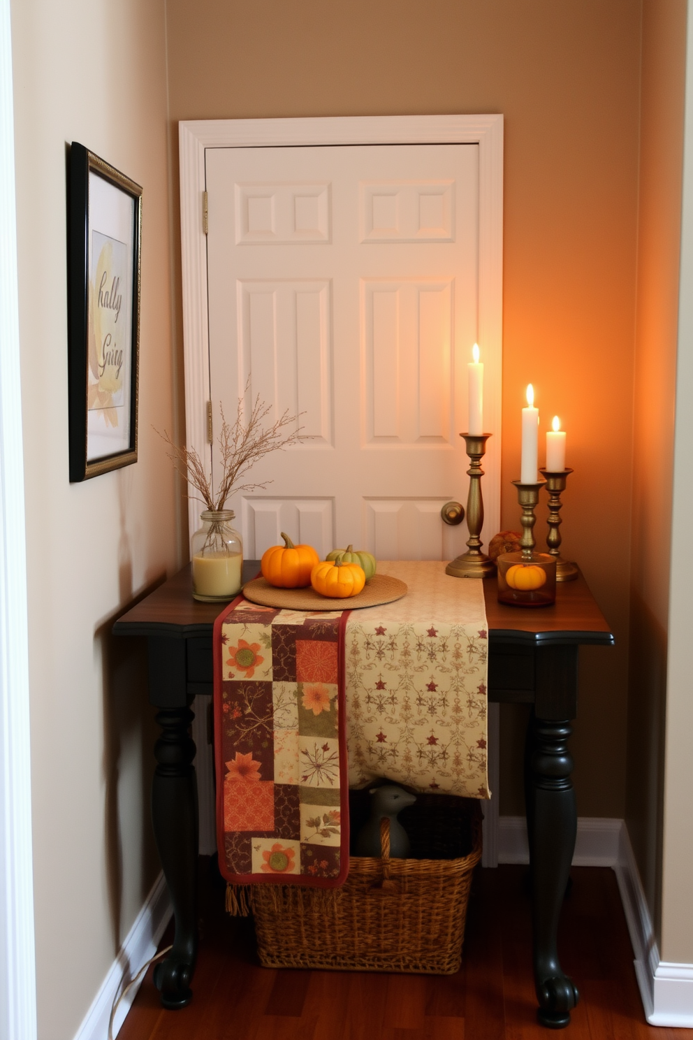 A cozy hallway adorned with candles in warm autumn colors creates a welcoming atmosphere for Thanksgiving. The flickering candlelight casts a soft glow on the surrounding walls, enhancing the seasonal decor. Rich oranges, deep reds, and golden yellows are used, arranged in clusters along the hallway. Natural elements like pinecones and small pumpkins complement the candles, adding a festive touch to the space.