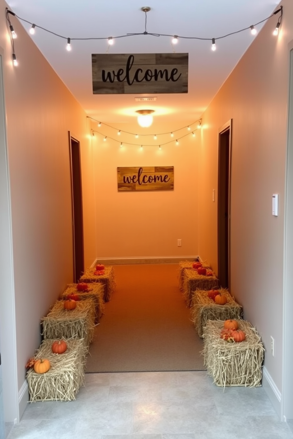 A charming hallway adorned for Thanksgiving greets guests with miniature scarecrows positioned at the entrance. The walls are decorated with warm autumn hues, featuring garlands of dried leaves and pumpkins that enhance the festive atmosphere.