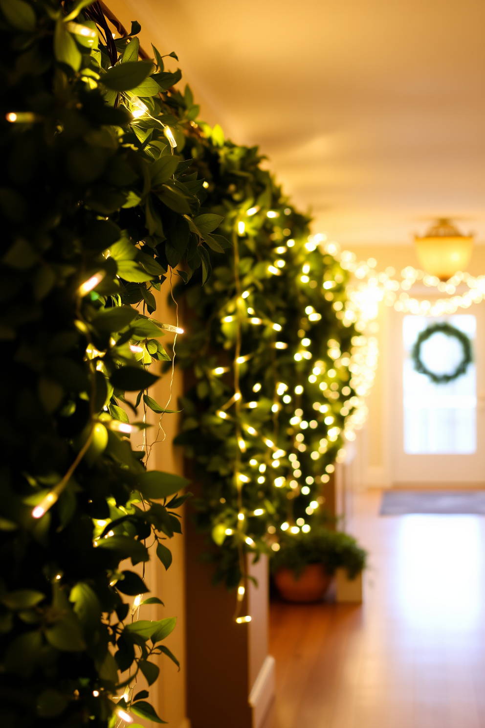 A warm and inviting hallway adorned with seasonal artwork celebrating Thanksgiving. The walls are decorated with framed prints of turkeys in autumn colors, complemented by garlands of dried leaves and small pumpkins placed along the console table.