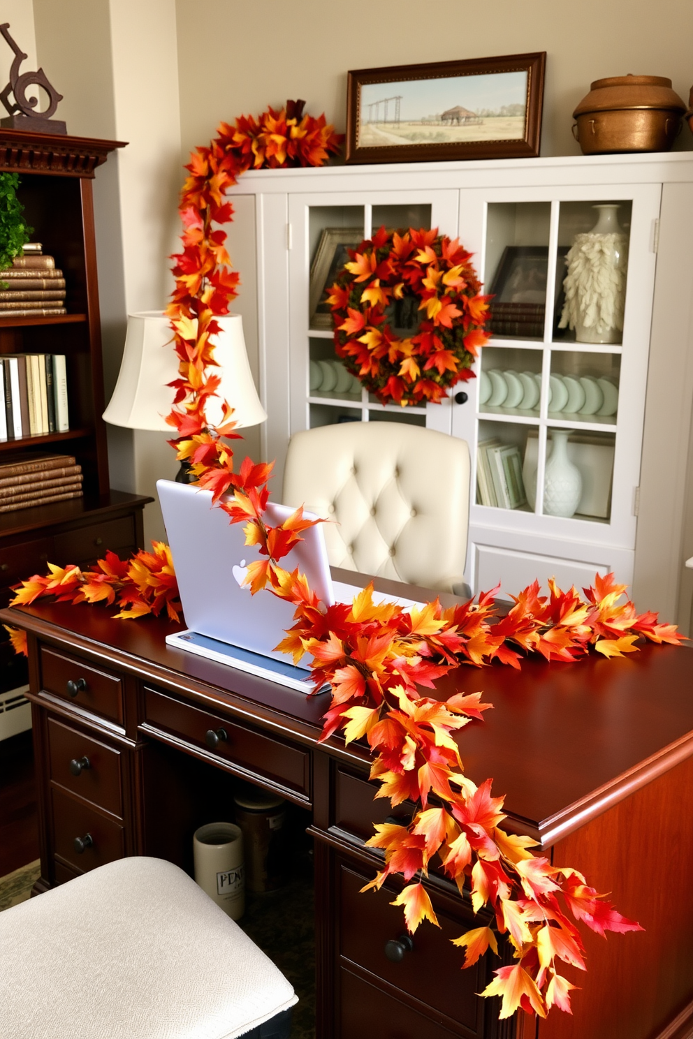 A cozy home office adorned with an autumn leaf garland draped gracefully across the desk. The warm hues of the leaves complement the rich wooden desk, creating a welcoming and festive atmosphere for Thanksgiving.