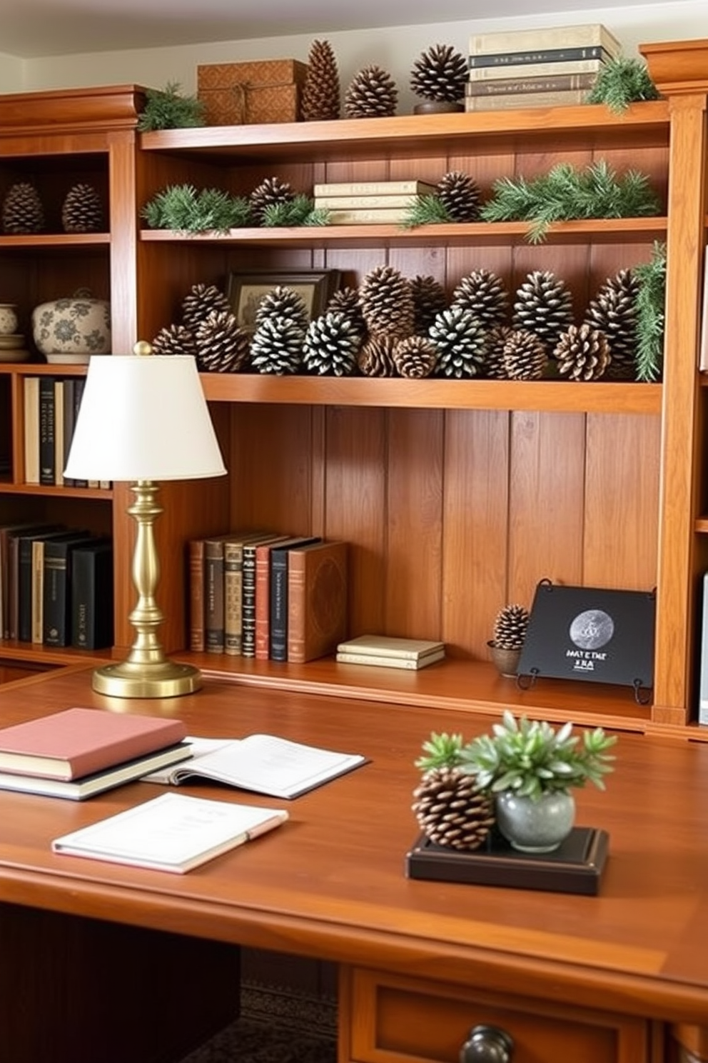 A cozy home office adorned with pinecone decorations on the shelves. The natural textures of the pinecones complement the warm wood tones of the desk and bookshelves, creating a festive yet productive atmosphere.