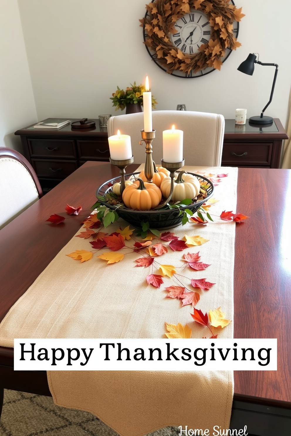 A warm and inviting home office featuring a rustic wooden desk positioned in front of a large window. Seasonal wreaths adorned with autumn leaves and small pumpkins hang on the office door, creating a festive Thanksgiving atmosphere. The walls are painted in a soft cream color, complemented by a cozy armchair in a rich burgundy fabric. A plush area rug in warm tones lies underfoot, while decorative throw pillows add a touch of seasonal charm to the space.