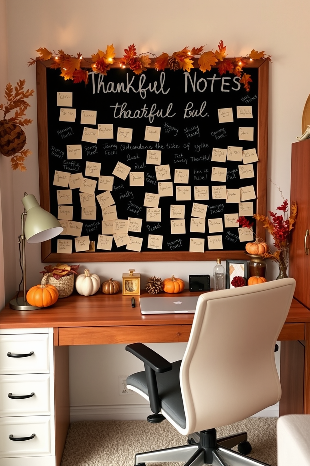 A cozy home office space adorned with a thankful notes board. The board is filled with handwritten notes of gratitude in various colors, surrounded by autumn-themed decorations. A stylish desk sits beneath the board, featuring a warm wood finish and a comfortable ergonomic chair. Soft lighting from a desk lamp casts a gentle glow, complementing the rich tones of the fall-inspired decor.