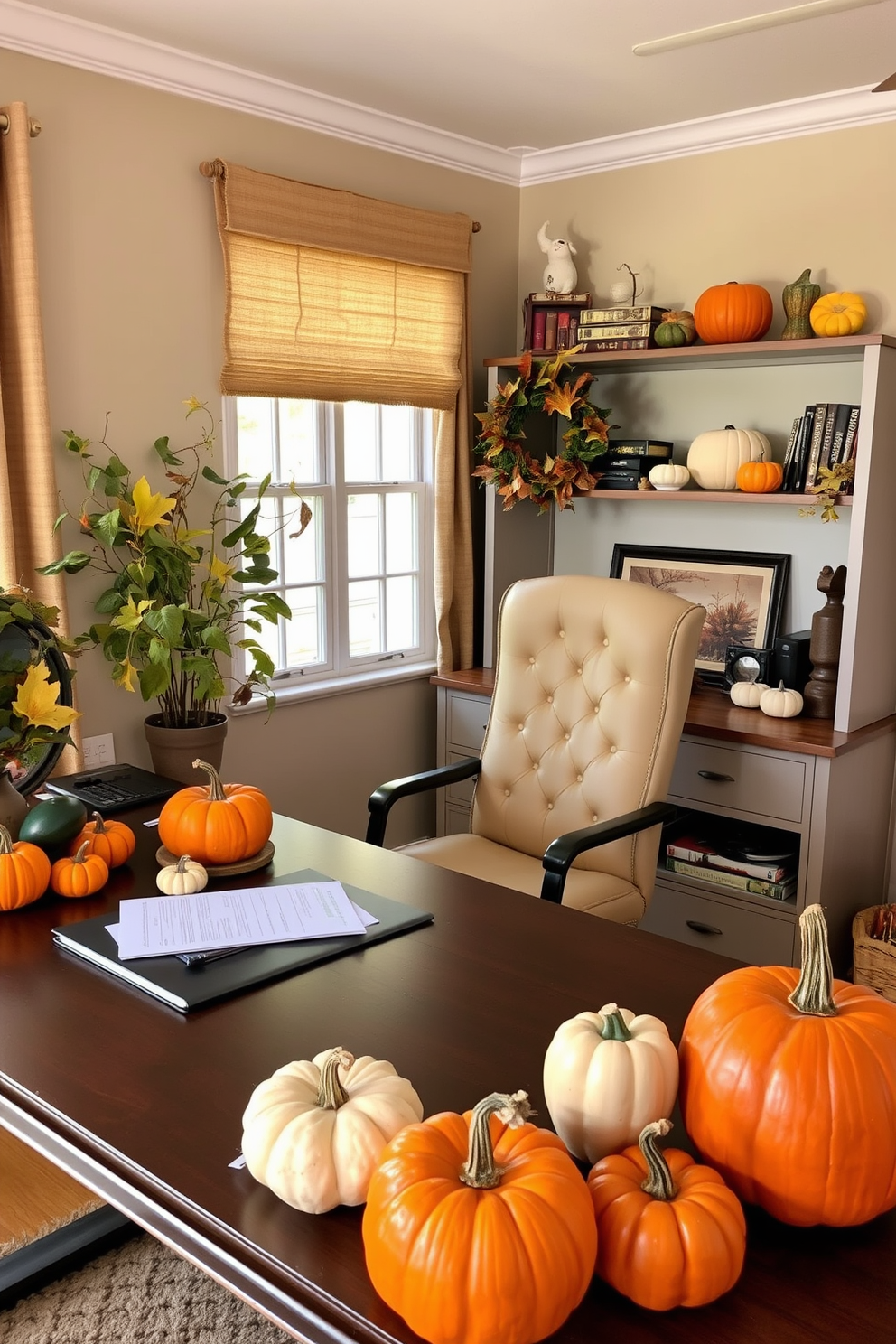 A cozy home office adorned for Thanksgiving. Gourds and pumpkins are scattered decoratively across the desk and shelves, adding a warm autumn touch.