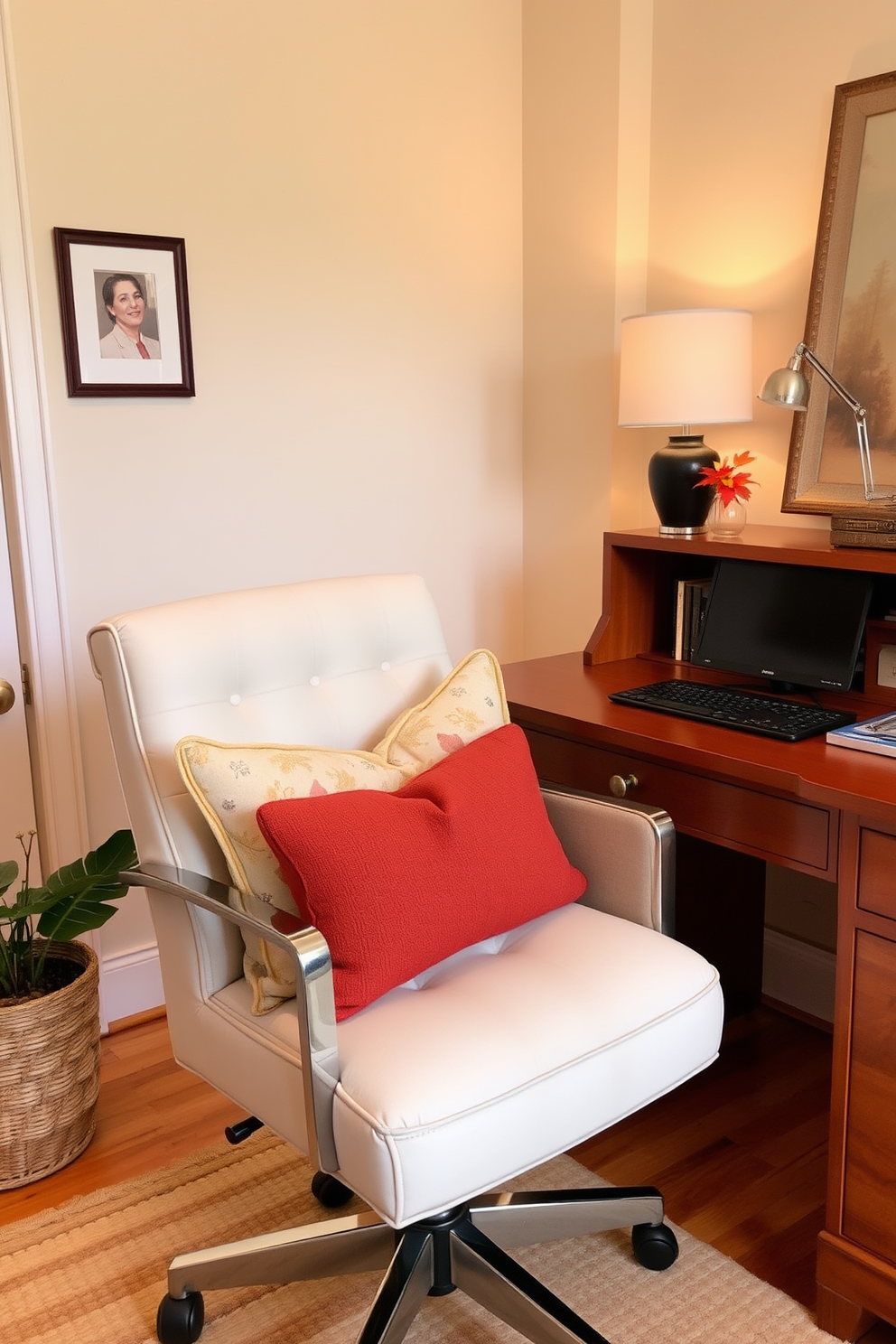 A cozy home office setting adorned with fall colored cushions on a stylish office chair. The desk is made of rich wood and is complemented by warm lighting that creates an inviting atmosphere.