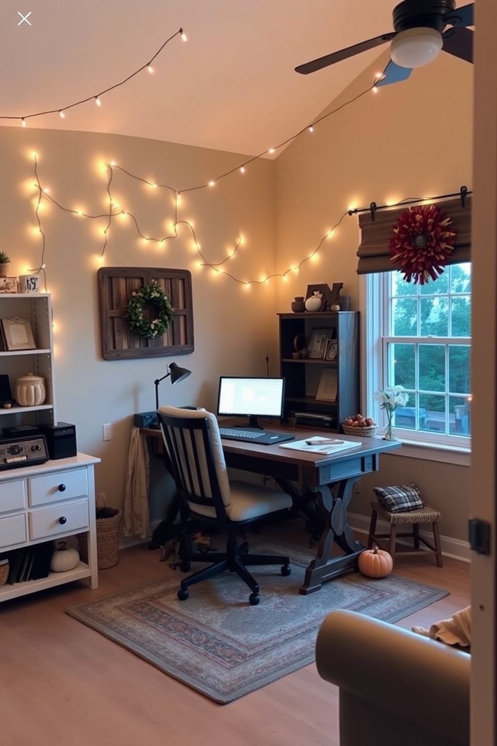 A cozy home office adorned with string lights that create a warm and inviting ambiance. The walls are painted in a soft beige, and a rustic wooden desk sits in the center, complemented by a comfortable chair and seasonal decorations for Thanksgiving.