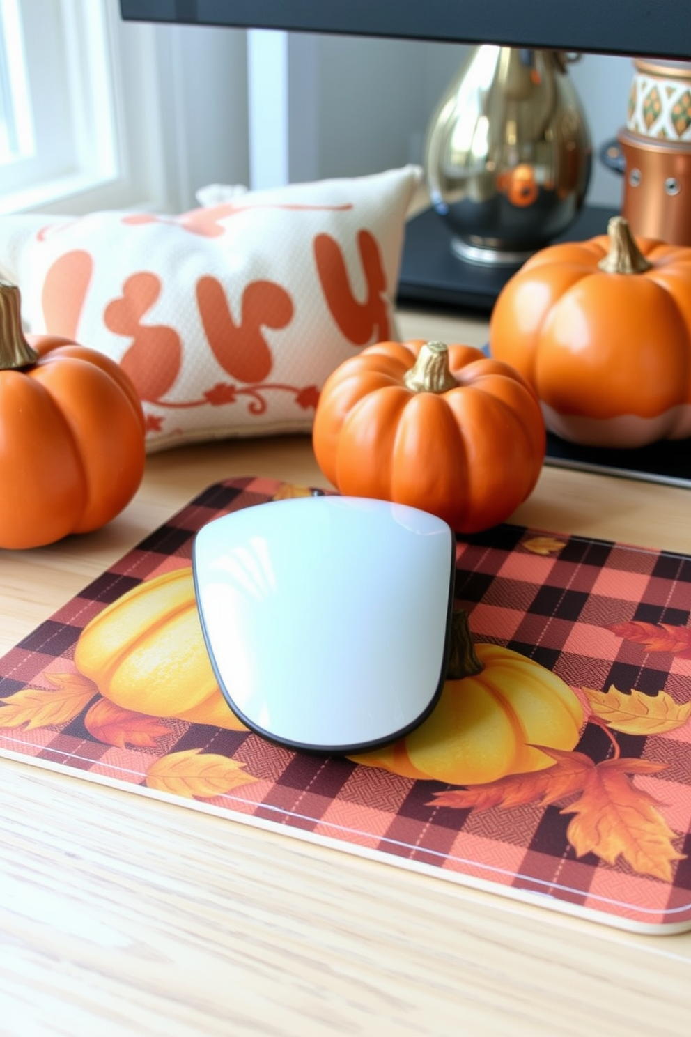 A Thanksgiving themed mouse pad featuring warm autumn colors. The design includes pumpkins, fall leaves, and a cozy plaid pattern. Thanksgiving home office decorating ideas that incorporate seasonal elements. Use decorative pillows, table centerpieces, and wall art that celebrate the harvest season.