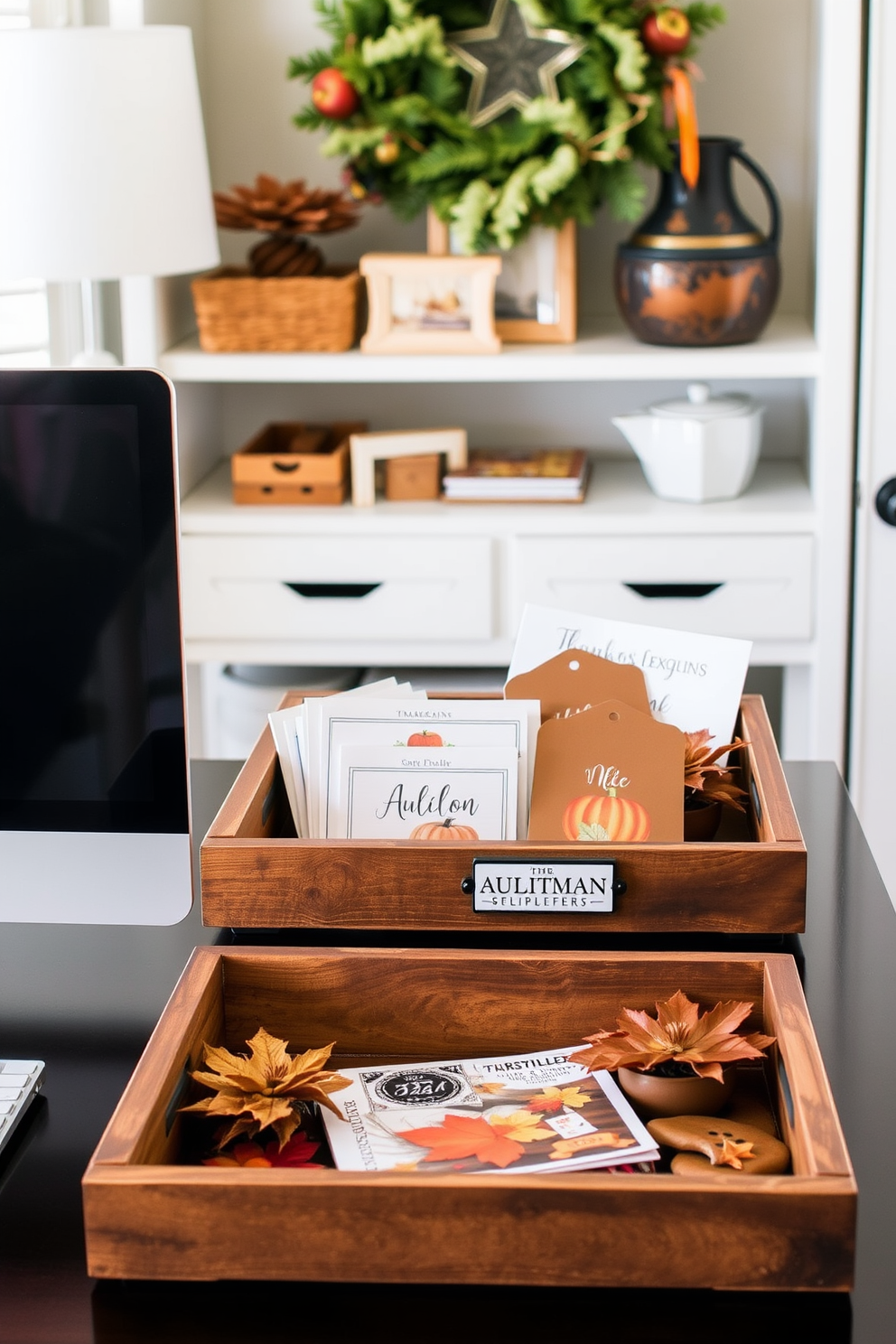 A cozy home office setting featuring rustic wooden trays for organization. The trays are filled with seasonal decorations and autumn-themed stationery, creating a warm and inviting atmosphere for Thanksgiving.