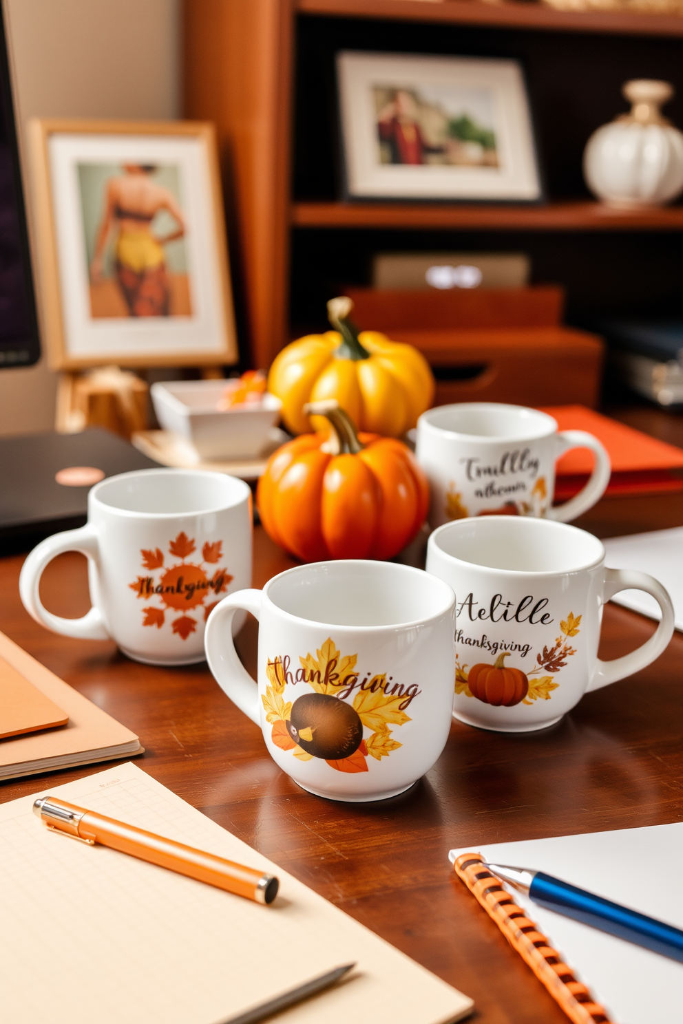 A cozy home office setting adorned with decorative Thanksgiving mugs placed on a wooden desk. The mugs feature autumn-themed designs and are surrounded by warm-toned stationery and a small pumpkin centerpiece.