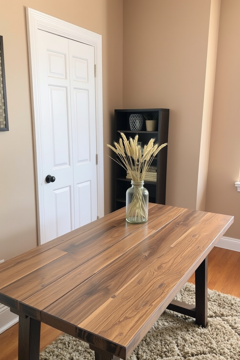 A cozy home office featuring a rustic wooden desk adorned with a decorative jar filled with wheat bundles. The walls are painted in a warm beige tone, complemented by a plush area rug in earthy hues.