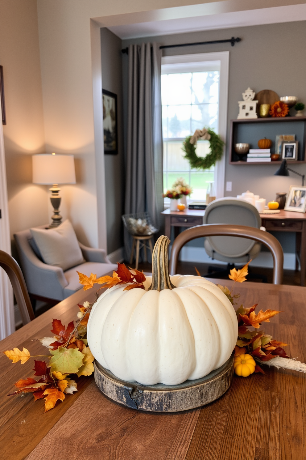 A beautifully arranged pumpkin centerpiece sits on a rustic wooden table, surrounded by autumn leaves and small gourds. Soft candlelight flickers in the background, creating a warm and inviting atmosphere perfect for Thanksgiving gatherings. In the home office, a cozy nook features a stylish desk adorned with seasonal decorations. A plush chair is positioned near a window, allowing natural light to illuminate the space while festive accents add a touch of holiday spirit.