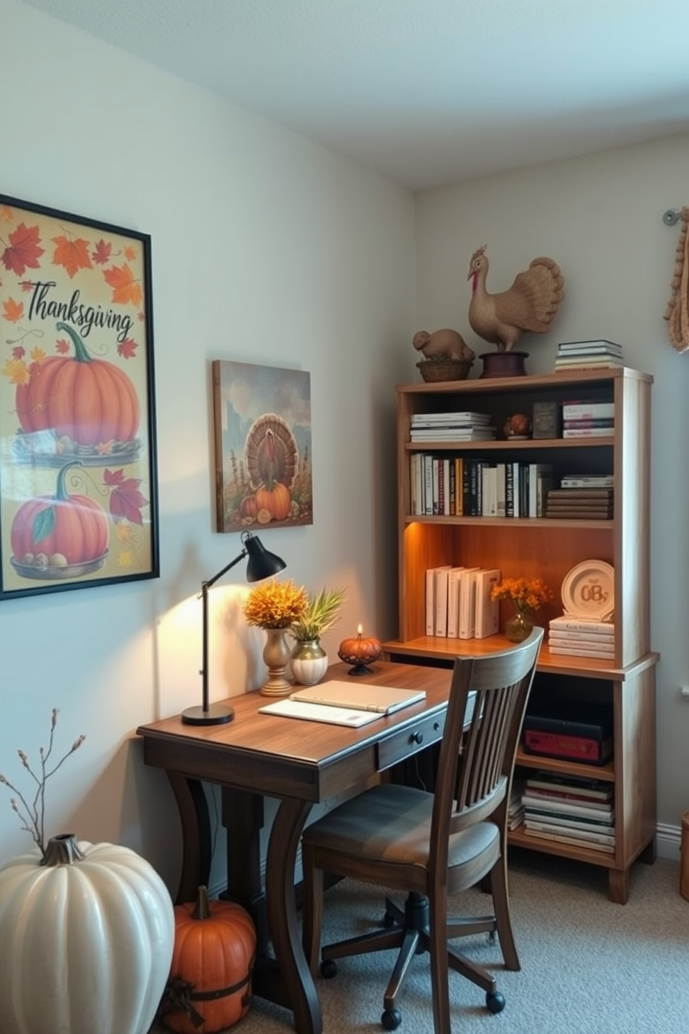 Thanksgiving themed artwork adorns the walls, featuring warm autumn colors and images of pumpkins, leaves, and turkeys. The space is inviting and cozy, with a touch of seasonal charm that captures the spirit of the holiday. The home office is decorated with a rustic wooden desk and a comfortable chair, surrounded by shelves filled with books and fall-themed decor. Soft lighting creates a warm ambiance, making it a perfect place to work during the festive season.