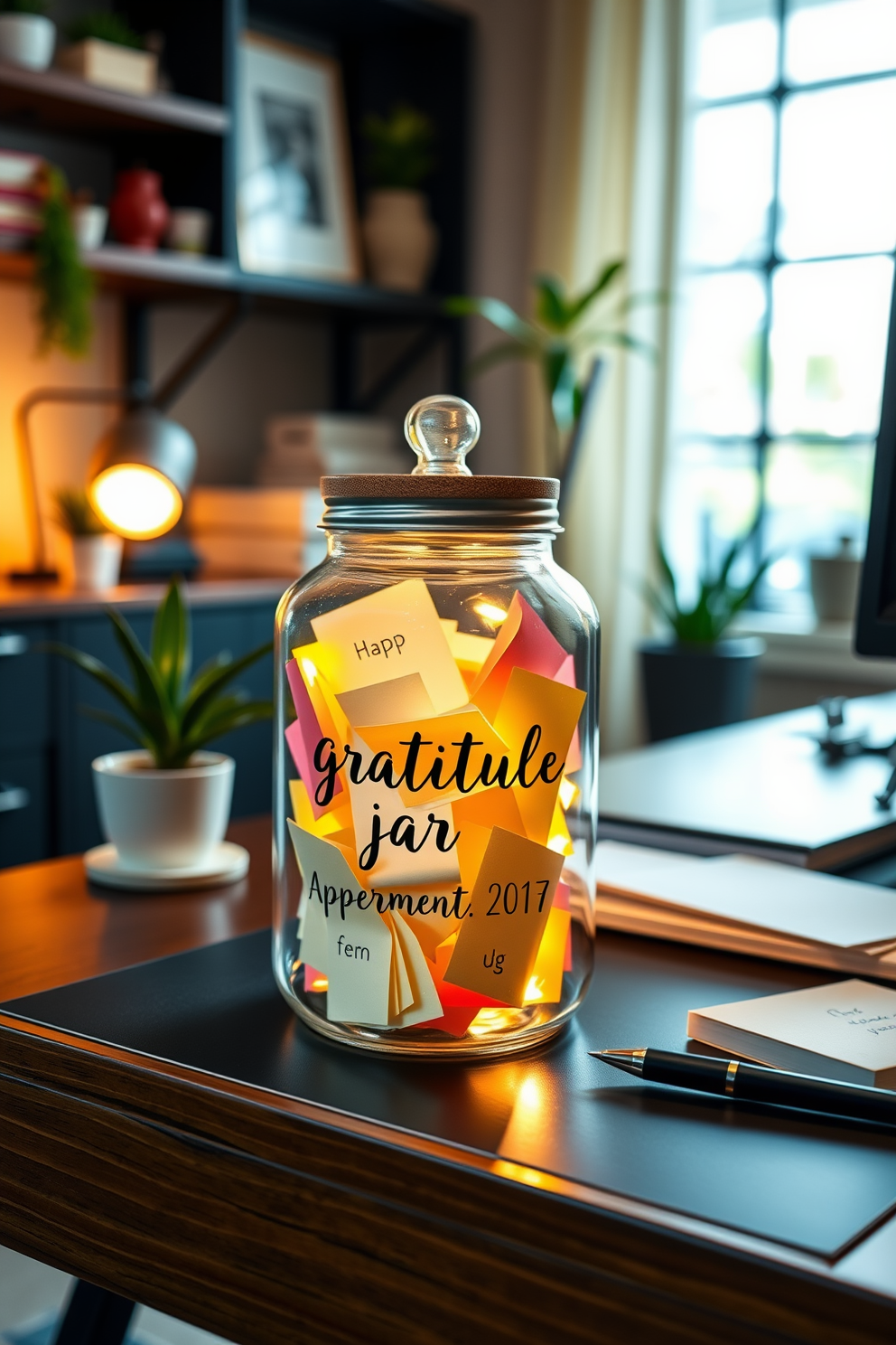 A personalized gratitude jar sits on a stylish wooden desk in a cozy home office. The jar is filled with colorful notes of appreciation, surrounded by warm ambient lighting and a few potted plants.